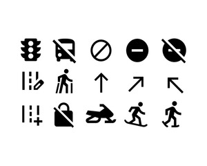 Black and White Traffic Signs and Symbols Icon Set on White Background