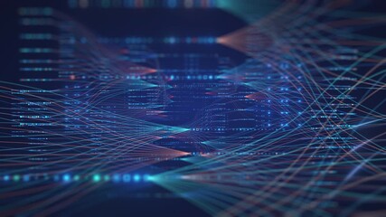 This video sequence visually depicts an intricate network of glowing lines and particles, the vast flow of information, complex data processing, and interconnected systems in a modern, - Powered by Adobe