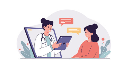 Online healthcare consultation with doctor via tablet screen