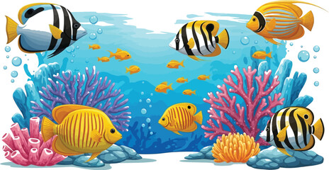 Vibrant underwater scene featuring colorful coral reefs and an array of tropical fish swimming in clear blue water, creating a lively and engaging marine ecosystem illustration.