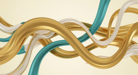 Abstract waves of flowing gold teal and white ribbons intertwine and curve gracefully against a soft light