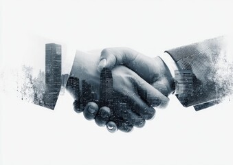 A grayscale business handshake with superimposed cityscapes