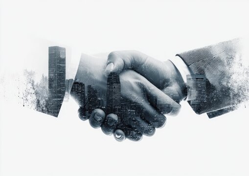 A grayscale business handshake with superimposed cityscapes - Powered by Adobe