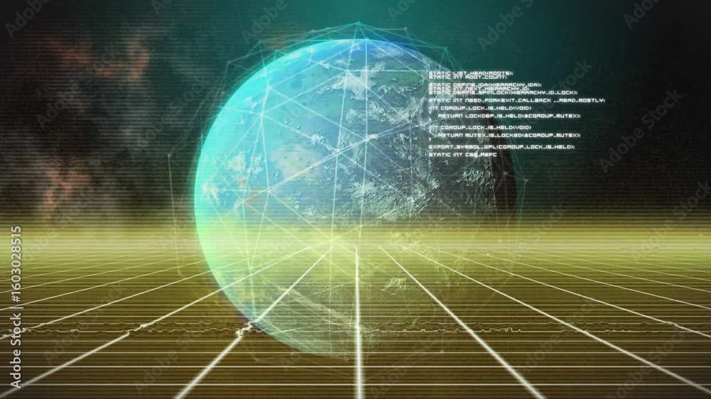 Poster upon system startup holographic globe rising and rotating to display flickering network status logs