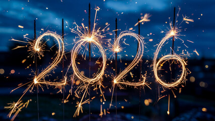 Bright sparkling fireworks illuminate the numbers 2026 in a dark night sky creating a festive and celebratory atmosphere for the new year