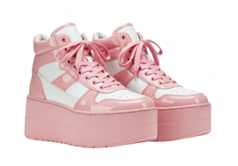 Pair of pink platform high top sneakers with laces isolated on transparent background