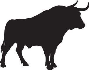 Powerful black silhouette of a muscular bull with strong horns, ideal for rodeo, farm, and financial market themes, or animal-related branding designs