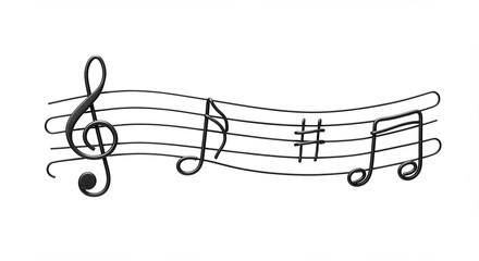 Metal Wall Art of Music Notes and Treble Clef on Staff - 3D Decorative Music Sculpture Isolated on White

