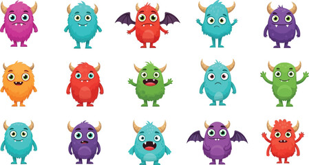 Collection of cartoon monsters in various colors and expressions showcases whimsical characters with horns, perfect for children's illustrations and playful designs.