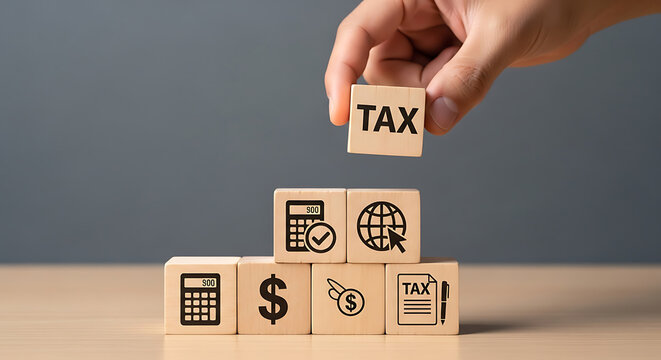 A person stacks wooden blocks with tax and financial icons
