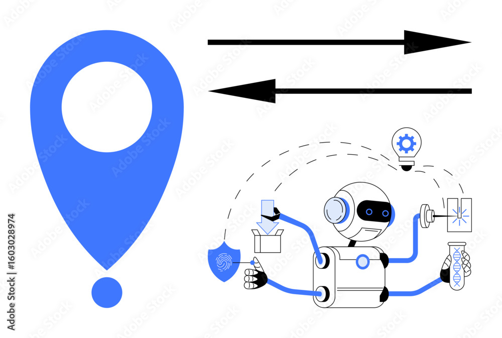 Poster geolocation marker, arrows for data exchange, ai robot multitasking with shield, gears, and test tub
