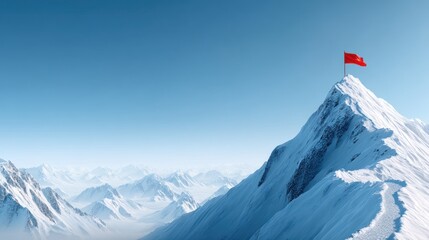 Flag on Snowy Peak Symbolizes Achievement and Milestone in Nature