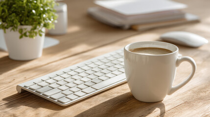 Bright and Calm Workspace Setup with Wireless Keyboard and Coffee