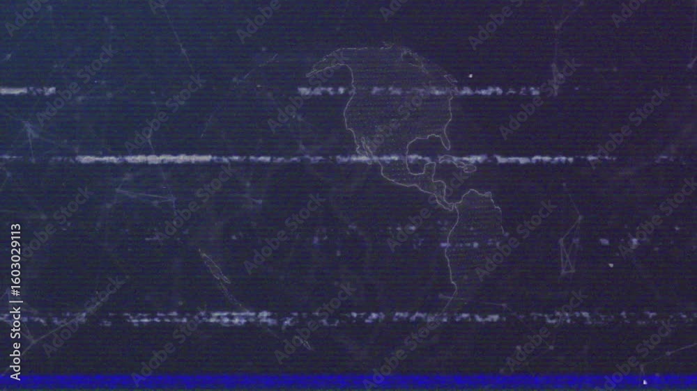 Poster Initializing rotating wireframe globe shifting continents scanning lines showing static glitch
