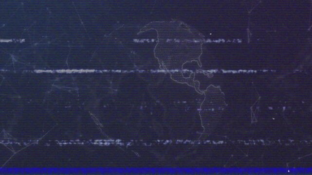 Initializing rotating wireframe globe shifting continents scanning lines showing static glitch