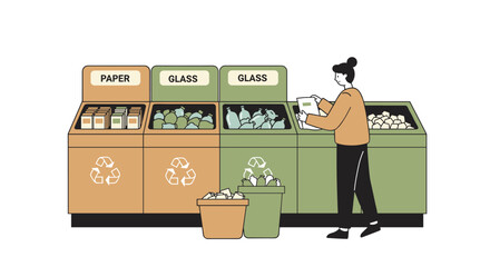 Recycling sort: girl organizing paper and glass in eco-friendly bins