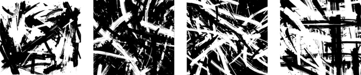 Abstract Black and White Ink Splatter: A dynamic collection of four high-contrast monochrome illustrations, showcasing energetic brushstrokes and chaotic textures, ideal for design backgrounds.