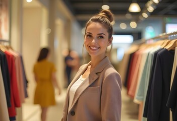 Friendly retail worker smiling in boutique store | Young professional woman in blazer standing by clothing rack | Happy store manager welcoming customers to fashion shop