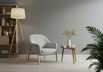 Interior scene featuring a gray armchair, wooden bookshelf, floor lamp, small table with vase, and green plant against a gray wall.