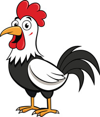 Cheerful Cartoon Rooster With Red Comb Black And White Feathers