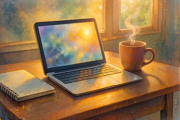 Fototapeta premium Peaceful morning workspace with laptop notebook and steaming coffee by bright sunlit window