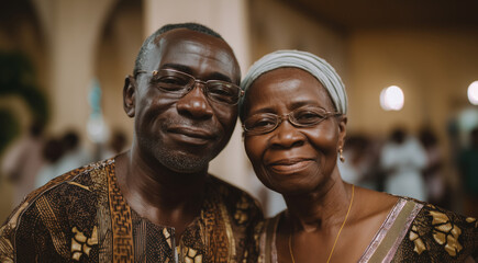 An elderly couple smiles warmly together at a wedding holiday, surrounded by friends and family. Their beautiful black garments complement the festive atmosphere filled with flowers and laughter.