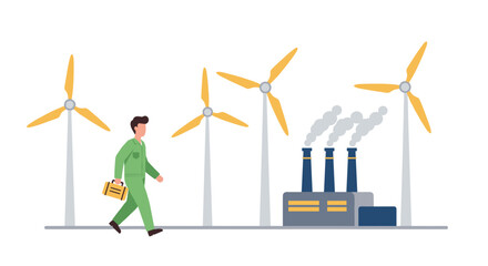 Person walking near wind turbines and factory emitting smoke in flat s