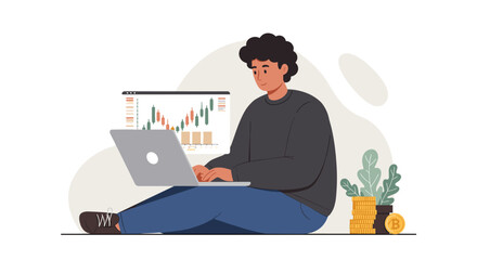 Young man trading cryptocurrency on laptop with graph and bitcoin icon