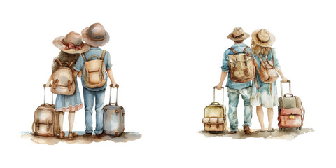 romantic couple getaway watercolor vector illustration