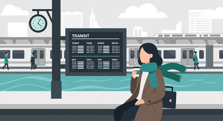 Fototapeta premium Woman Enjoying Coffee While Waiting For The Train Commute