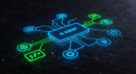 An abstract representation of an AI Agent connected to various data points, depicted with glowing neon lines on a dark background.