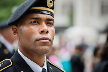 Proud soldier standing at attention near monument on Armed Forces Day, formal ceremony, 