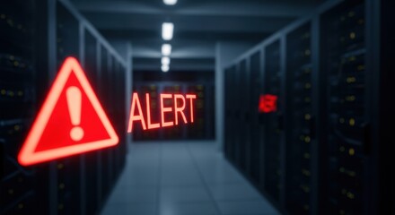 Red alert sign and word alert over a blurred server room background. Data center hardware malfunction concept.