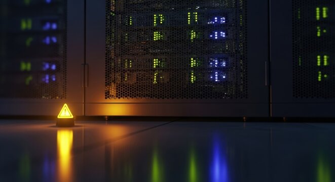A blurred server room interior with blinking lights and a glowing warning sign on the floor, symbolizing data security alert.