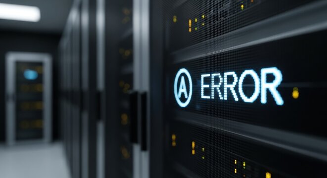 Error message on a server display in a data center. Data storage failure and system malfunction concept for network security.