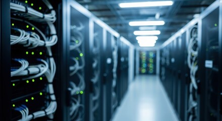 Blurry server room with blinking lights. Data center full of computer racks. Network infrastracture and internet connection concept.