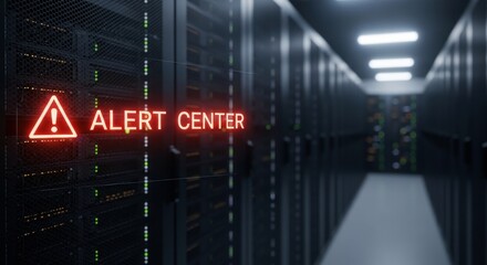 A red alert center warning sign glowing in a blurred server room showing a cybersecurity concept for data breach.
