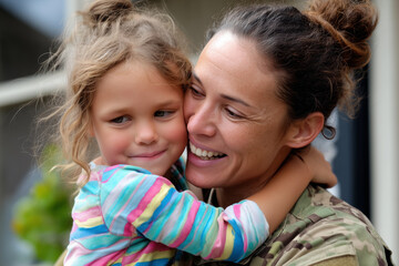 Soldier mother hugging child goodbye before leaving for base, front porch setting, 