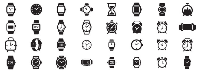 Vector Icon Collection of Clocks, Watches, Timers, and Alarms in Black on White Background