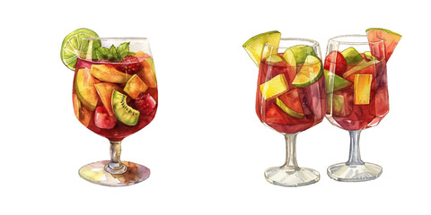 sangria with fruit watercolor vector illustration