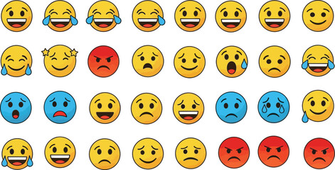 Collection of diverse emoji icons displaying various human emotions, including happiness, sadness, anger, and surprise, perfect for social media and digital communication.