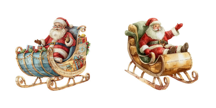 santa claus christmas sleigh watercolor vector illustration
