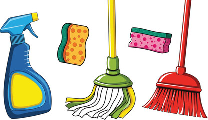 Cleaning supplies illustration showcases a blue spray bottle, colorful sponges, a yellow and green mop, and a red broom, perfect for depicting household chores and cleanliness.