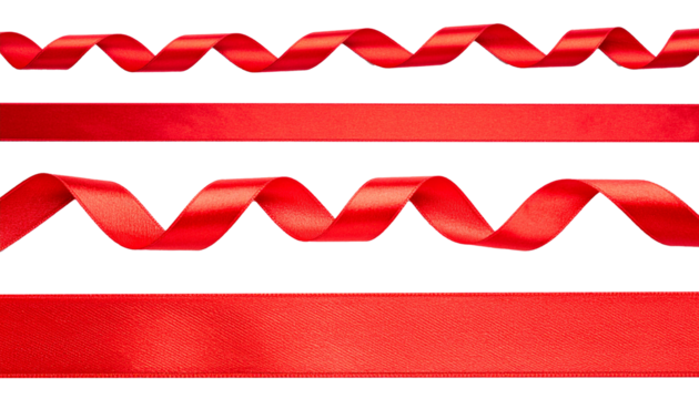 Cut out image of red satin ribbons, smooth straight tapes and spiral-curled ribbons. Glossy silk ribbons for holiday gift box, decor.