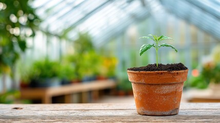 Young plant in terracotta pot in a greenhouse.