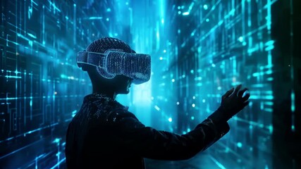 Person with virtual reality headset is immersed in a vibrant digital landscape, surrounded by luminous blue data streams, showcasing advanced technology and innovation - Powered by Adobe