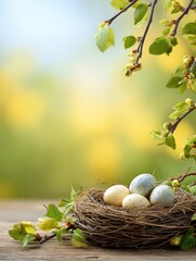 Eggs in a nest, spring blossoms in the background.