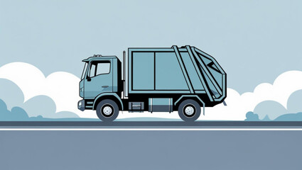 Garbage Truck Driving on Road with Cloudy Sky