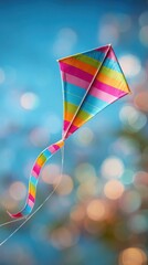 Vibrant kite soaring against a blurred background of bokeh lights.