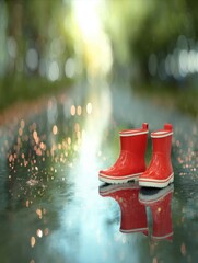Red rain boots resting in a puddle.
